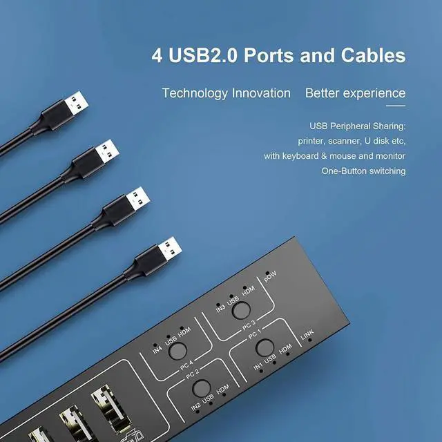 Alt view image 6 of 7 - HDMI KVM Switch 4 Port, USB Switch Share 4 Computers with One Monitor One-Button Swapping, HD 4K @60Hz, 4 In 1 Out KVM Switcher for Mouse Keyboard Printer Scanner with 4 USB Cables 1 Power Cable