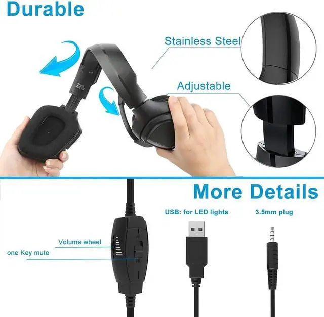 Alt view image 7 of 7 - WISDUM Gaming Headset, Gaming Headphones with 7.1 Surround Sound Noise Isolation PC Headset with Mic & RGB LED Light, Soft Memory Earmuffs Compatible with PC/MAC Games