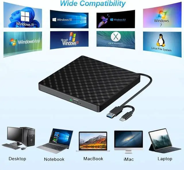 Alt view image 7 of 7 - External CD DVD Drive, USB 3.0 and Type-C Portable CD/DVD +/-RW Drive Reader, Optical CD Burner Rewriter Slim DVD Player External Disk Drive for Laptop, Desktop, Mac, Mac OS, Windows, Linux (Black)
