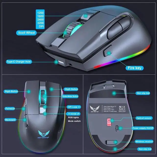 Alt view image 5 of 7 - 2.4G Wireless Gaming Mouse, RGB Rechargeable Gaming Mice with 3200 DPI Adjustable, 7 Buttons,Fast-Charging,10 millons buttons life Ergonomic Optical Mouse, Accessories for Office, Laptop, Mac (Black)