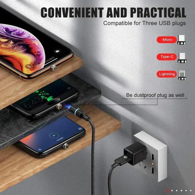 Alt view image 2 of 7 - 6.6FT / 2M Magnetic Charging Cable, 2 Pack Nylon Braided USB 3.A Fast Charging Cord with LED Light, Universal 3 in 1 Magnet Phone Charger Compatible with Micro USB, Type C Devices -6.6ft