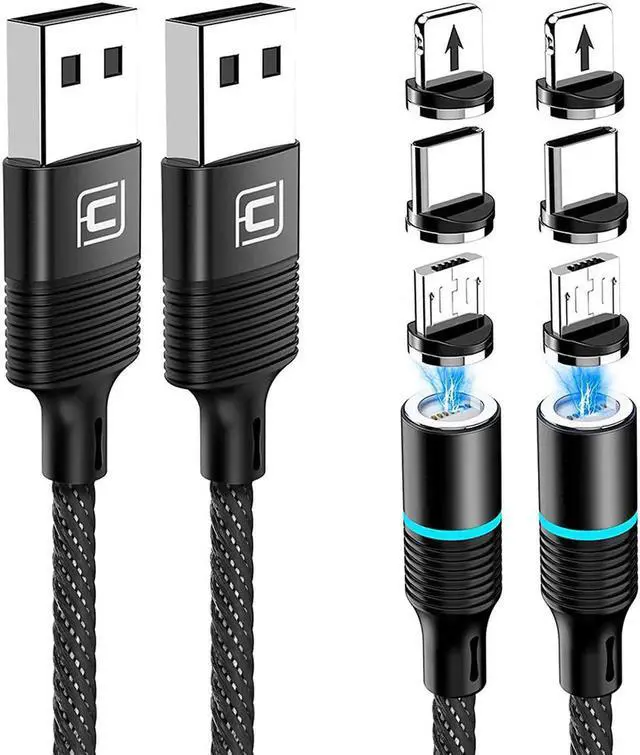 Main image of 6.6FT / 2M Magnetic Charging Cable, 2 Pack Nylon Braided USB 3.A Fast Charging Cord with LED Light, Universal 3 in 1 Magnet Phone Charger Compatible with Micro USB, Type C Devices -6.6ft