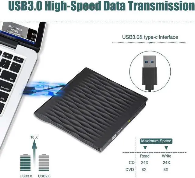 Alt view image 2 of 7 - WISDUM External CD DVD Drive, USB 3.0 Portable Burner Optical Drive CD RW DVD RW Superdrive Compatible for MacBook Pro Air iMac Laptop Notebook (Color: Black)