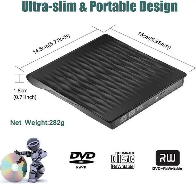 Alt view image 7 of 7 - WISDUM External CD DVD Drive, USB 3.0 Portable Burner Optical Drive CD RW DVD RW Superdrive Compatible for MacBook Pro Air iMac Laptop Notebook (Color: Black)