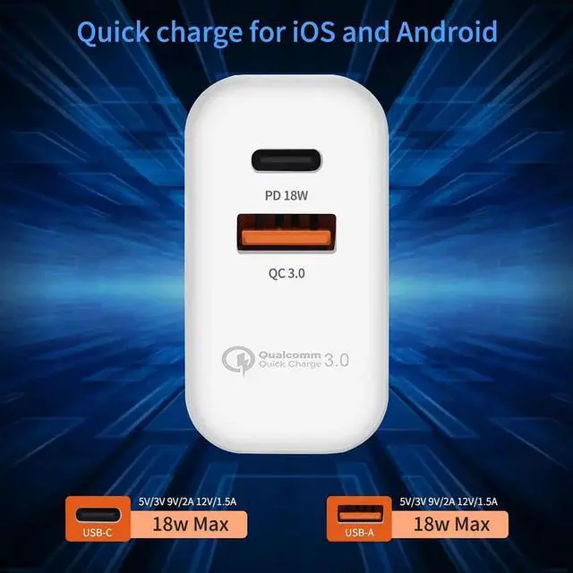 Alt view image 4 of 7 - WISDUM USB C Charger, Fast Charger, 18W 2-Port Wall Charger with Power Delivery & Quick Charge 3.0, Compact USB C Wall Charger for iPhone 11 Pro/Max/XS/XR/X/8/7/6/Plus, Samsung, LG, Pixel, and More