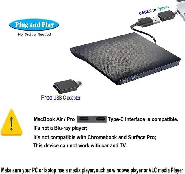 Alt view image 3 of 7 - External DVD CD Drive, USB 3.0 / USB Type C Ultra Slim Drives CD DVD RW Player/DVD CD ROM Drive/Writer/Rewriter/USB CD DVD Burner Compatible with Mac MacBook Pro, Laptops Desktops