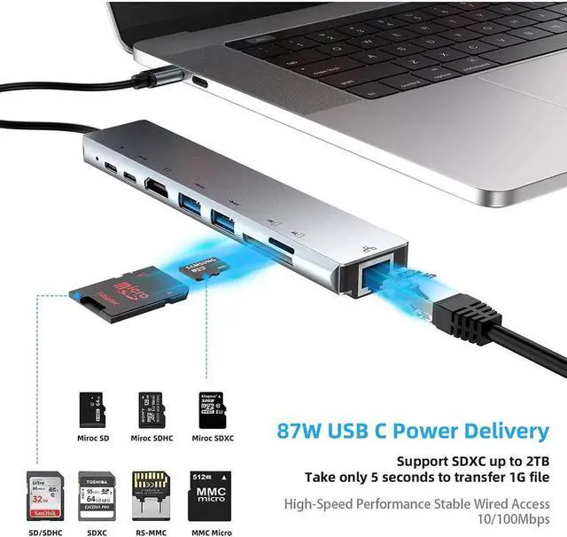 Alt view image 2 of 7 - WISDUM 8 in 1 USB C Hub Multiport Type C To 87W PD Fast Charge USB-C 4K 30Hz HDMI Adapter RJ45 Fast Ethernet TF SD USB 3.0 Cable Hub for Windows Macbook Computer Laptop