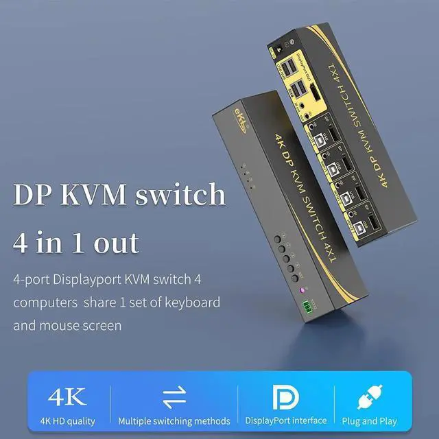 Alt view image 2 of 7 - Displayport KVM Switch, Displayport 4 Port DP 1.2 4x1 Supports 4K @60Hz 4:4:4 hotkey Switching Keyboard Mouse Audio with USB 2.0 Control up to 4 PCs