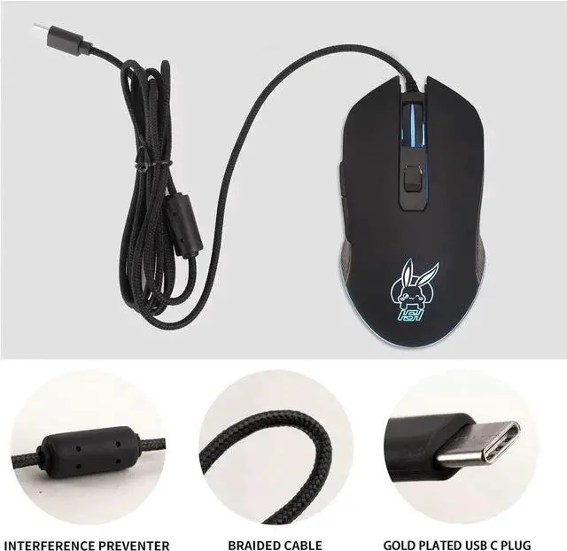 Alt view image 3 of 6 - Gaming Mouse Wired, USB C Silent Click with RGB Backlit Optical Type C Computer Game Mice Ergonomic with 2400 DPI 6 Programmable Buttons 4 Shooting for PC Windows Laptop Desktop Mac (Black)