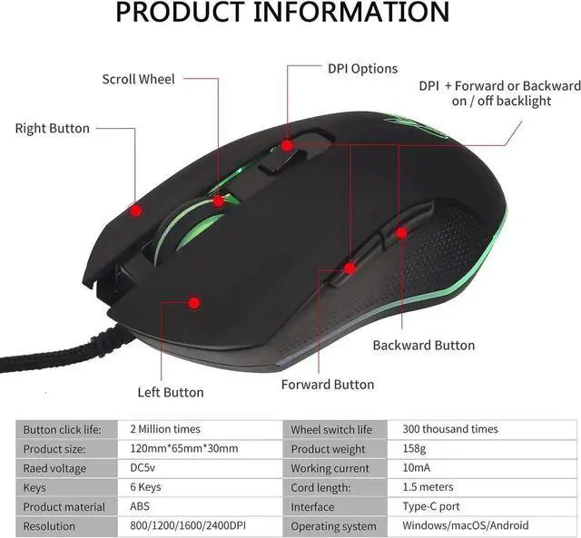 Alt view image 5 of 6 - Gaming Mouse Wired, USB C Silent Click with RGB Backlit Optical Type C Computer Game Mice Ergonomic with 2400 DPI 6 Programmable Buttons 4 Shooting for PC Windows Laptop Desktop Mac (Black)