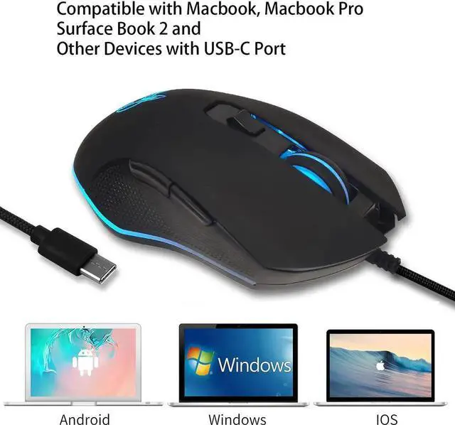 Alt view image 6 of 6 - Gaming Mouse Wired, USB C Silent Click with RGB Backlit Optical Type C Computer Game Mice Ergonomic with 2400 DPI 6 Programmable Buttons 4 Shooting for PC Windows Laptop Desktop Mac (Black)