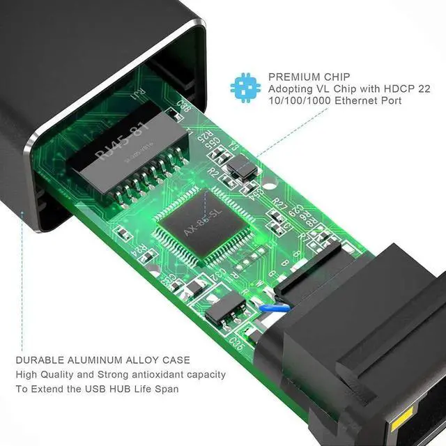 Alt view image 4 of 7 - USB 3.0 Hub, Aluminum USB to Ethernet Adapter with 3 USB 3.0 ports and RJ45 Gigabit Network LAN Port - 3xUSB3.0 Splitter Ethernet Network Adapter for Windows 10, 8.1, 8, 7, Vista, XP, Linux, Mac OS X