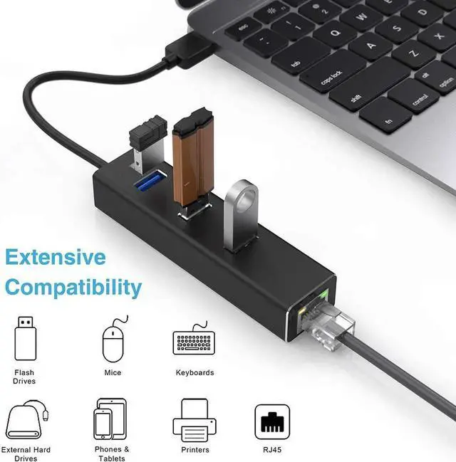 Alt view image 3 of 7 - USB 3.0 Hub, Aluminum USB to Ethernet Adapter with 3 USB 3.0 ports and RJ45 Gigabit Network LAN Port - 3xUSB3.0 Splitter Ethernet Network Adapter for Windows 10, 8.1, 8, 7, Vista, XP, Linux, Mac OS X