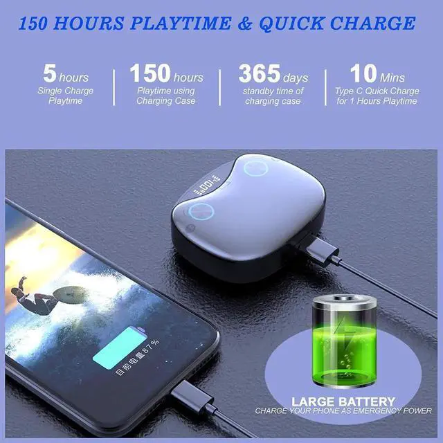 Alt view image 3 of 7 - True Wireless Earbuds with Charging Case, IHDAPP Hi-fi Stereo TWS Wireless Earphone with Bluetooth Microphone, Ipx7 Waterproof in Ear Headphones, BT Cordless Earpiece Black