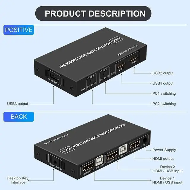 Alt view image 4 of 7 - KVM Switch HDMI 2 Port, USB and HDMI Switch for 2 Computers Share Keyboard Mouse Printer Monitor Support HUD 4K @30Hz for Laptop, PC, Xbox HDTV, with 2X USB Cable,1x Switch Button Cable