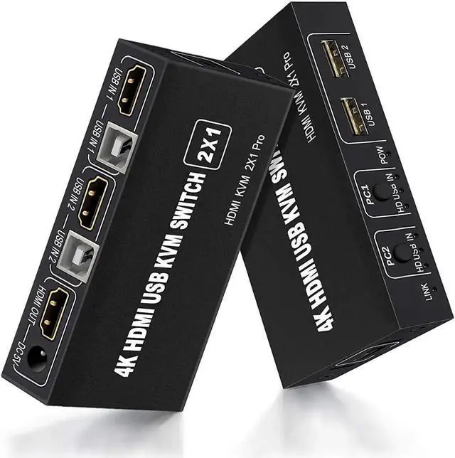 Main image of KVM Switch HDMI 2 Port, USB and HDMI Switch for 2 Computers Share Keyboard Mouse Printer Monitor Support HUD 4K @30Hz for Laptop, PC, Xbox HDTV, with 2X USB Cable,1x Switch Button Cable