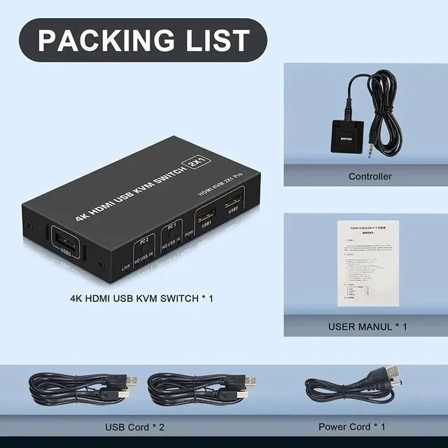 Alt view image 7 of 7 - KVM Switch HDMI 2 Port, USB and HDMI Switch for 2 Computers Share Keyboard Mouse Printer Monitor Support HUD 4K @30Hz for Laptop, PC, Xbox HDTV, with 2X USB Cable,1x Switch Button Cable