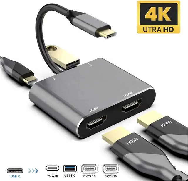 Main image of [4 in 1] USB C Hub with Dual HDMI Port, Type-C Docking Station USB C to Dual HDMI 4K USB 3.0 PD Fast Charging Dual Screen Extend Display USB C Hub Converter for Macbook Laptop Mobile Phone PC