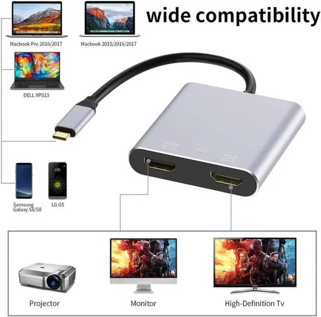 Alt view image 7 of 7 - [4 in 1] USB C Hub with Dual HDMI Port, Type-C Docking Station USB C to Dual HDMI 4K USB 3.0 PD Fast Charging Dual Screen Extend Display USB C Hub Converter for Macbook Laptop Mobile Phone PC