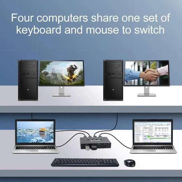 Alt view image 2 of 7 - WISDUM  USB Switch 4 Port, 4 in 4 Out USB KVM Switch, for 4 PC Share 4 USB Ports, USB Switcher Box for Mouse Keyboard Printer Scanner, With Remote control and USB Cables (battery not included)