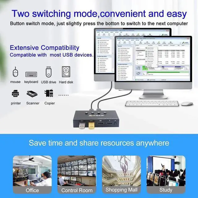 Alt view image 5 of 7 - WISDUM  USB Switch 4 Port, 4 in 4 Out USB KVM Switch, for 4 PC Share 4 USB Ports, USB Switcher Box for Mouse Keyboard Printer Scanner, With Remote control and USB Cables (battery not included)