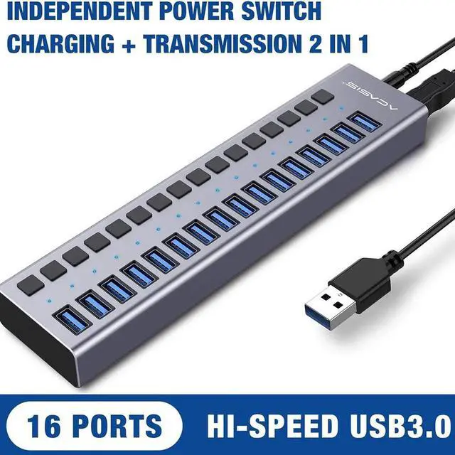 Alt view image 2 of 7 - Powered USB Hub - 16 Ports 80W USB 3.0 Data Hub - with Individual On/Off Switches and 12V/6A Power Adapter USB Hub 3.0 Splitter for Laptop, PC, Computer, Mobile HDD, Flash Drive and More