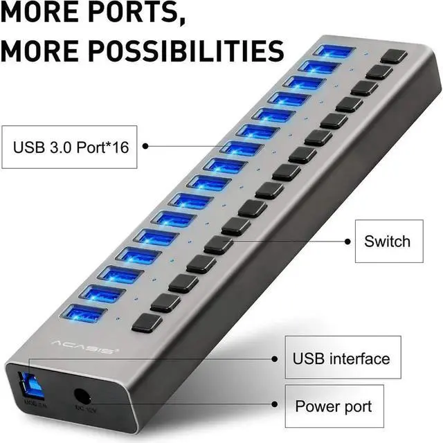 Alt view image 3 of 7 - Powered USB Hub - 16 Ports 80W USB 3.0 Data Hub - with Individual On/Off Switches and 12V/6A Power Adapter USB Hub 3.0 Splitter for Laptop, PC, Computer, Mobile HDD, Flash Drive and More
