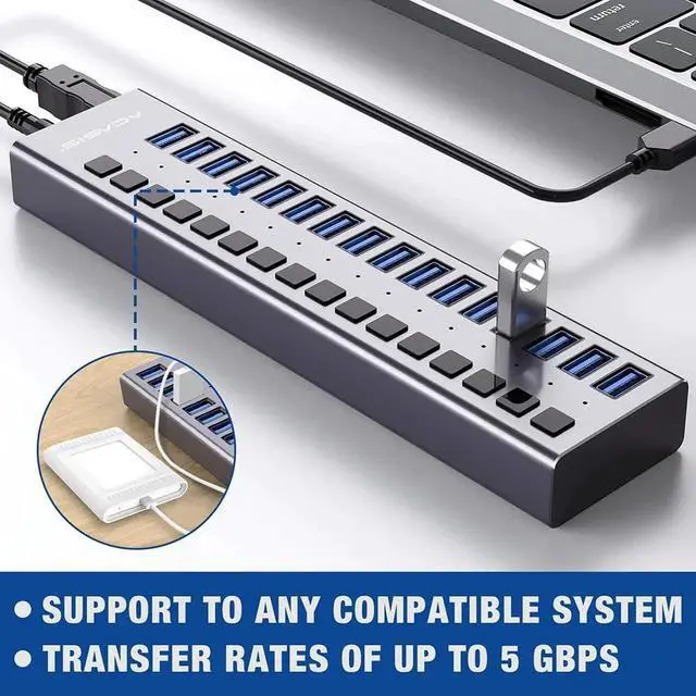 Alt view image 5 of 7 - Powered USB Hub - 16 Ports 80W USB 3.0 Data Hub - with Individual On/Off Switches and 12V/6A Power Adapter USB Hub 3.0 Splitter for Laptop, PC, Computer, Mobile HDD, Flash Drive and More