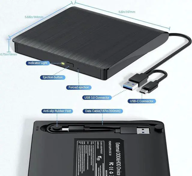 Alt view image 6 of 7 - WISDUM External CD/DVD Drive for Laptop, USB 3.0 & Type-C External CD DVD Burner, Portable DVD Player for Laptop, Slim External Optical Drive Compatible with Windows 11/10/8/7/XP, Mac, Linux OS
