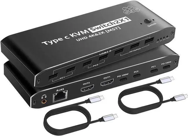 Main image of WISDUM HDMI KVM Switch, 2x1 Type C KVM Switch with 7 USB-A Ports RJ45 Port PD 100W Ports, Extended Display KVM Switch Supports 4K@60Hz for 1 Monitors 2 Computers, with 2 Thunderbolt USB-C 40Gbps Cable
