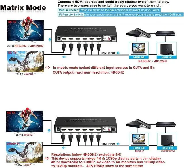 Alt view image 4 of 7 - 8K@60Hz HDMI Matrix Switch 4x2 with ARC, 4 in 2 Out HDMI2.1 Matrix HDMI Video Switcher Splitter+ Optical &L/R Audio Extractor, Support 4K @120Hz HDR10 HDCP2.3 Auto Downscale with IR Remote