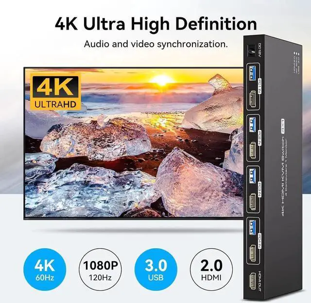 Alt view image 5 of 7 - WISDUM 4 Port HDMI KVM Switch for 1 Monitors 4 Computers 4K@60Hz, HDMI USB 3.0 KVM Switches, KVM Switch HDMI 4 in 1 Out for 4 PCs Sharing 1 Monitor and 4 USB 3.0 Devices with IR Remote Control