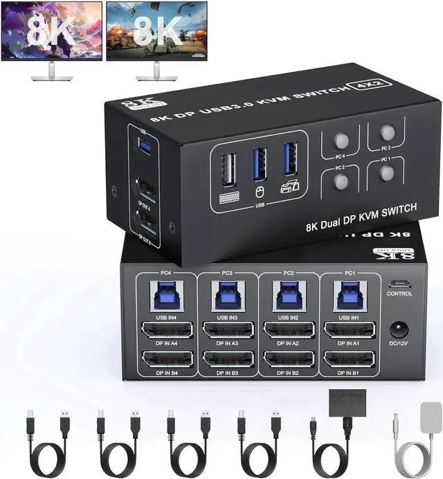 Main image of WISDUM USB 3.0 KVM Switch 2 Monitors 4 Computers Displayport 8K@60Hz 4K@144Hz,Dual Monitor Displayport KVM Switch 4 Port with USB 3.0, 4x2 DP 1.4 KVM Switch for 2 PC/Laptop,Shares One Mouse Keyboard