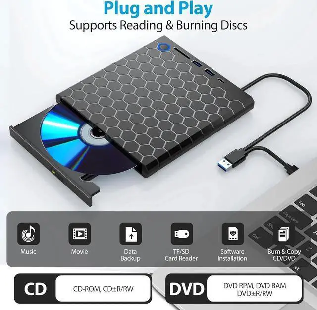 Alt view image 3 of 7 - 6-in-1 External CD/DVD Drive for Laptop, DVD Player for Laptop, CD Reader with 2 USB A, 1 USB C & SD/TF Card Reader, External CD/DVD Optical Drive Compatible with Windows 11/10/8/7/Linux, MacOS
