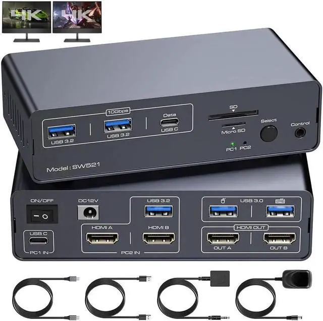 Main image of KVM Switch Docking Station USB C HDMI KVM Switch for 1 Laptop 1 Computer 2 Monitor HDMI 4K60Hz, EDID, Dual Monitor HDMI KVM Switcher for Laptop and PC Share 2 Monitors, 13-in-1 Dock