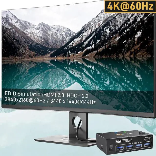 Alt view image 5 of 7 - 2 in 2 Out HDMI KVM Switch 2 Monitors 2 Computers, USB 3.0 HDMI KVM Switch 4K@60Hz EDID Emulator, Dual Monitor KVM Switch for 2 Computer Share Keyboard Mouse printer scanner, with Wired Remote