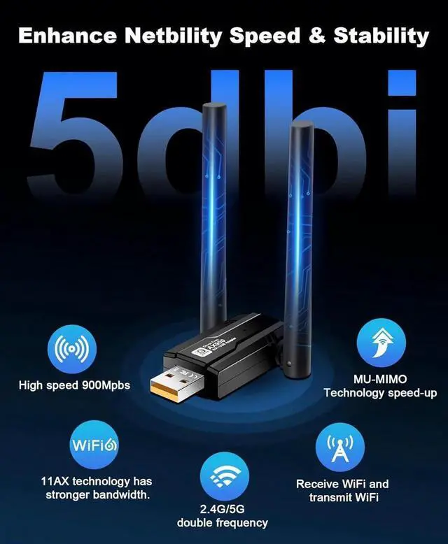 Alt view image 4 of 7 - Hitoor USB WiFi 6 Adapter for PC, AX900Mbps USB WLAN Stick Wireless Adapter with 5DBI Antenna, Dual Band 2.4G/5GHZ, Free CD-Drive, MU-MIMO, WPA3, USB WiFi Dongle Adapter for Windows 7/8/10/11