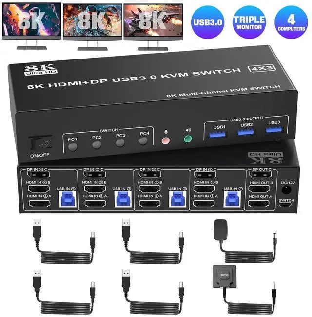 Main image of WISDUM 8K@60Hz KVM Switch 3 Monitors 4 Computers 4K@144Hz, 2 HDMI +1 DisplayPort KVM Switch Triple Monitor for 4 Computer with Audio and 3 USB 3.0 Ports, 3 Monitor KVM Switches Keyboard Mouse Switcher