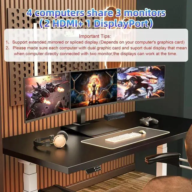 Alt view image 7 of 7 - WISDUM 8K@60Hz KVM Switch 3 Monitors 4 Computers 4K@144Hz, 2 HDMI +1 DisplayPort KVM Switch Triple Monitor for 4 Computer with Audio and 3 USB 3.0 Ports, 3 Monitor KVM Switches Keyboard Mouse Switcher