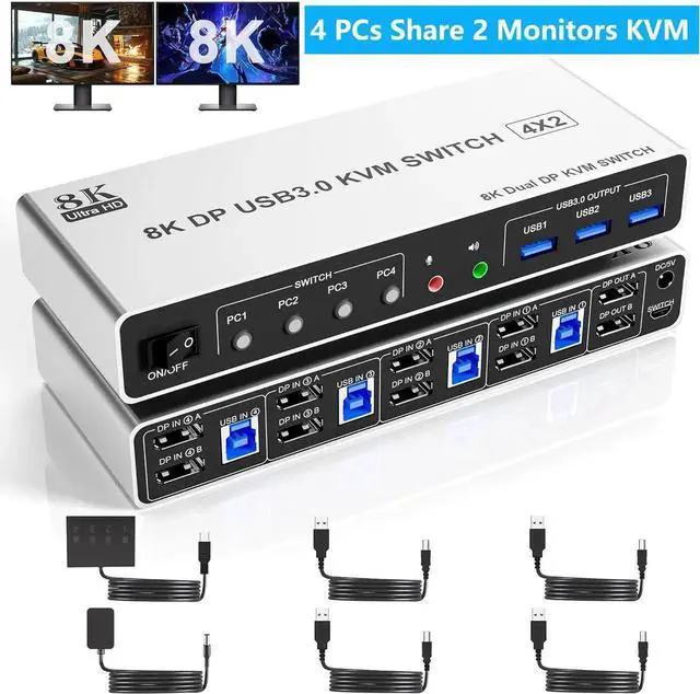 Main image of WISDUM 8K@60Hz USB 3.0 Displayport KVM Switch 2 Monitors 4 Computers, 4 Port DP1.4 Dual Monitor Displayport KVM Switch with Audio, Microphone and 3 USB3.0, Dual Monitor Displayport KVM Switch for 4PCs