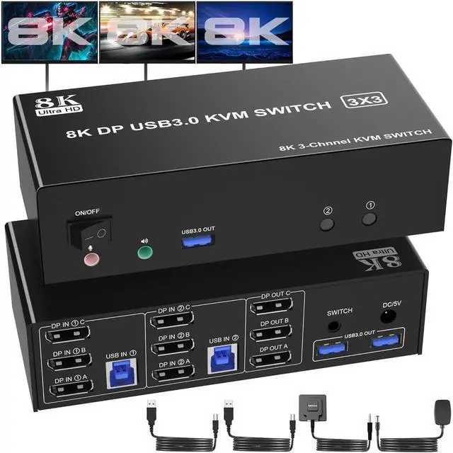 Main image of WISDUM Displayport USB 3.0 KVM Switch 3 Monitors 2 Computers, DP1.4 Triple Monitor KVM Switch with Audio Microphone Output and 3 USB 3.0 Ports, 8K@60Hz DP KVM Triple Monitor Keyboard Mouse Switcher