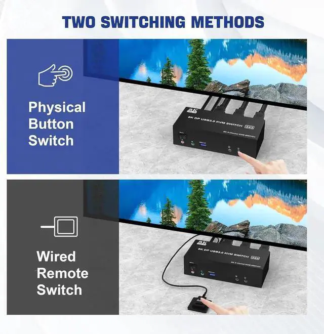 Alt view image 7 of 7 - WISDUM Displayport USB 3.0 KVM Switch 3 Monitors 2 Computers, DP1.4 Triple Monitor KVM Switch with Audio Microphone Output and 3 USB 3.0 Ports, 8K@60Hz DP KVM Triple Monitor Keyboard Mouse Switcher