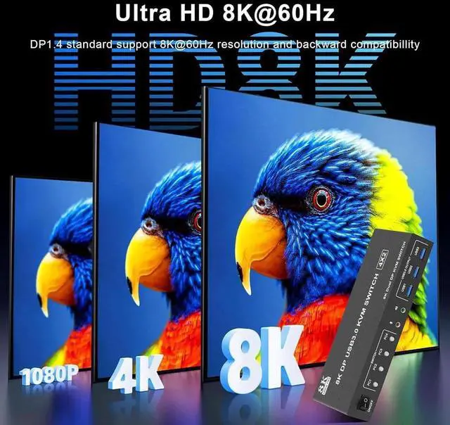 Alt view image 3 of 7 - WISDUM 8K@60Hz Displayport USB 3.0 KVM Switch 2 Monitors 4 Computers, DP1.4 KVM Switch Dual Monitor with Audio Microphone Output and 3 USB 3.0 Ports, 4 Port Displayport KVM Switch for 4 PCs 2 Monitors