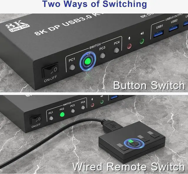 Alt view image 7 of 7 - WISDUM 8K@60Hz Displayport USB 3.0 KVM Switch 2 Monitors 4 Computers, DP1.4 KVM Switch Dual Monitor with Audio Microphone Output and 3 USB 3.0 Ports, 4 Port Displayport KVM Switch for 4 PCs 2 Monitors