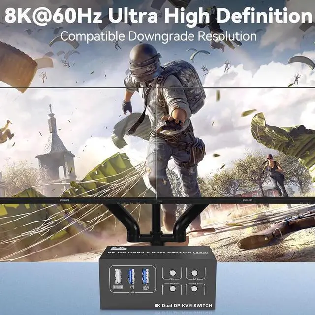 Alt view image 4 of 7 - WISDUM 8K@60Hz Displayport USB 3.0 KVM Switch 2 Monitors for 4 Computers 4K@144Hz, DP1.4 Dual Monitor Displayport KVM Switch 4 Port with 4 USB Ports, DP KVM Switch for 4 PCs, Wired Controller Included