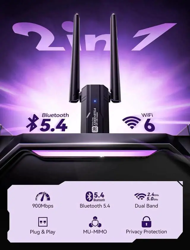 Alt view image 2 of 7 - WISDUM 2 in 1 Bluetooth 5.4 Adapter for PC, USB WiFi 6 Wireless Adapter for PC, 900Mbps 2.4GHz/5.0GHz WiFi & Bluetooth Adapter with 5DBI Antenna, Plug & Play, Compatible with Windows 11,10