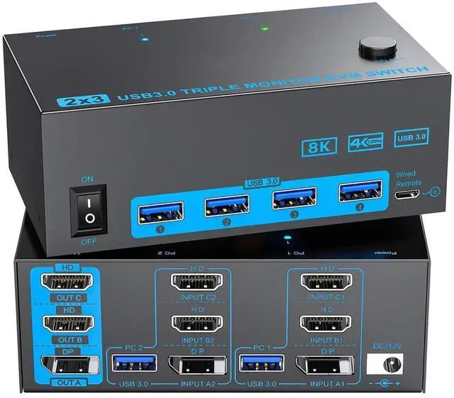 Main image of KVM Switch 2 PC 3 Monitors, 2 HDMI + Display Port Triple Monitors KVM Switches 4K@144Hz 8K@60Hz, USB 3.0 KVM Switches for 2 PC Share Mouse, Keyboard 4 USB Devices and 3 Monitors, Wired Remote