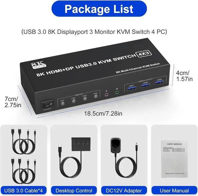 Alt view image 7 of 7 - WISDUM KVM Switch 3 Monitors 4 Computers 8K@60Hz 4K@144Hz, 2 HDMI +1 DisplayPort Triple Monitor USB 3.0 KVM Switch for 4 PC with Audio and 3 USB 3.0 Ports, KVM Triple Monitor Keyboard Mouse Switcher