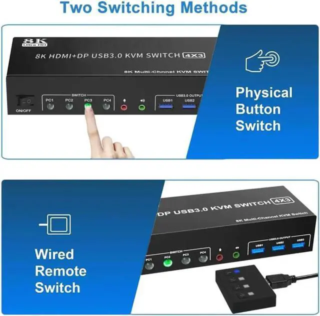Alt view image 6 of 7 - WISDUM KVM Switch 3 Monitors 4 Computers 8K@60Hz 4K@144Hz, 2 HDMI +1 DisplayPort Triple Monitor USB 3.0 KVM Switch for 4 PC with Audio and 3 USB 3.0 Ports, KVM Triple Monitor Keyboard Mouse Switcher
