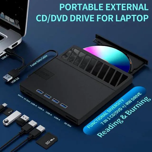 Alt view image 2 of 7 - WISDUM External CD/DVD Drive for Laptop, [7-in-1] USB 3.0 Portable CD/DVD Player Burner, High-Speed External Disk Drive with SD/TF Card Reader, 4 USB Ports, Compatible with Windows 11/10, Linux, MacOS